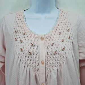 Go Softly Nightgown Size S Pink Lace Trim Pinhole Long sleeve Button Up Cottage